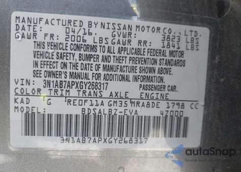2016 Nissan Sentra S z USA, uszkodzony, nr VIN 3N1AB7APXGY268317